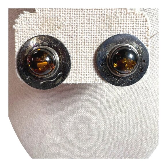 Vintage Circular Stud Earrings Amber Stars Sterling Silver Celestial Mystical - Picture 1 of 5